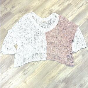 POL Boho Chic Oversized Crochet Knit Off-the-Shoulder Two-Tone V-Neck Sweater M